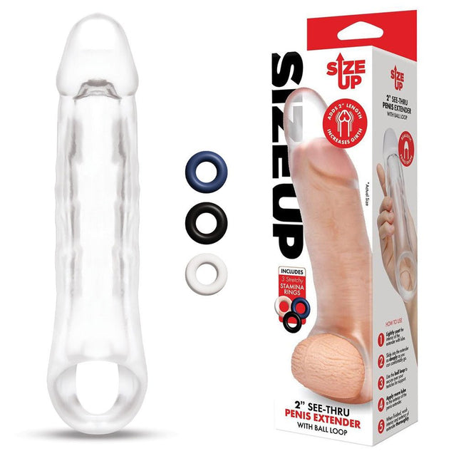 Size Up 2 Inch See - Thru Penis Extender with Ball Loop - Clear 5 cm (2'') Penis Extension Sleeve - SLEEVES