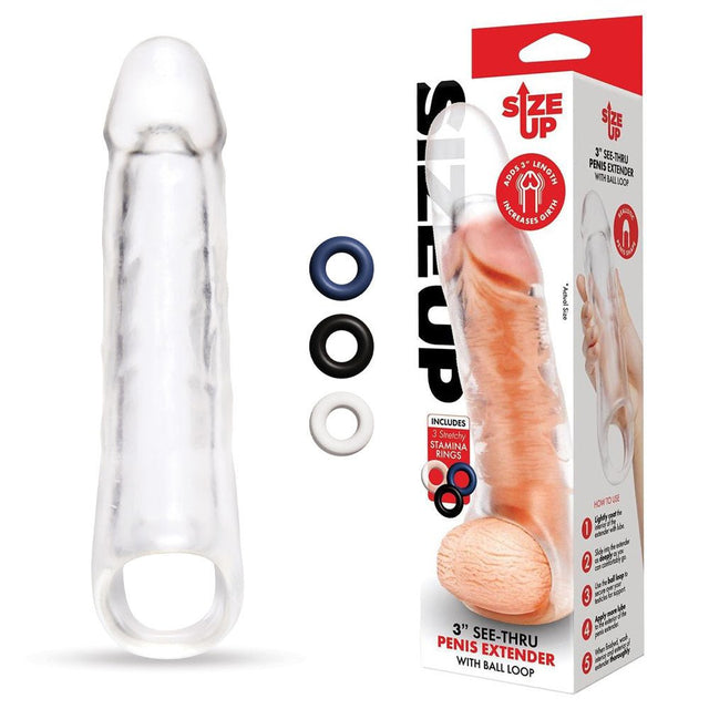 Size Up 3 Inch See - Thru Penis Extender with Ball Loop - Clear 7.6 cm (3'') Penis Extension Sleeve - SLEEVES
