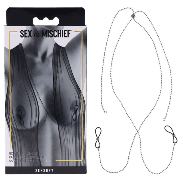 S&M Exs & Ohs Body Jewelry with Nipple Ties - Metal Chain with Nipple Ties - BONDAGE - TOYS