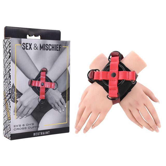 S&M Exs & Ohs Cross Cuffs - Red/Black Restraints - BONDAGE - TOYS