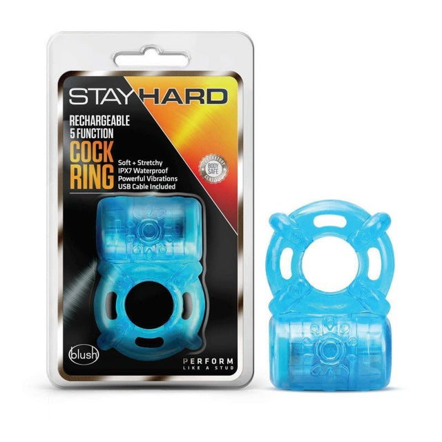 Stay Hard Rechargeable 5 Function Cock Ring - Blue USB Rechargeable Vibrating Cock Ring - COCK RINGS