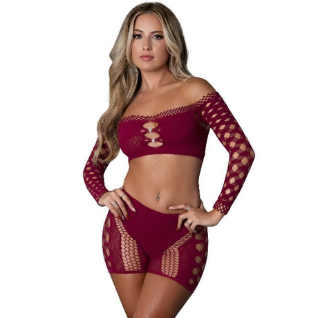 Stella Crop Top And Short Set Burgundy - Naughty by Nature Adult Store
