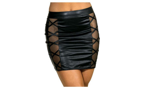 Stretch Wetlook Mesh Criss Cross Skirt Black - Lingerie