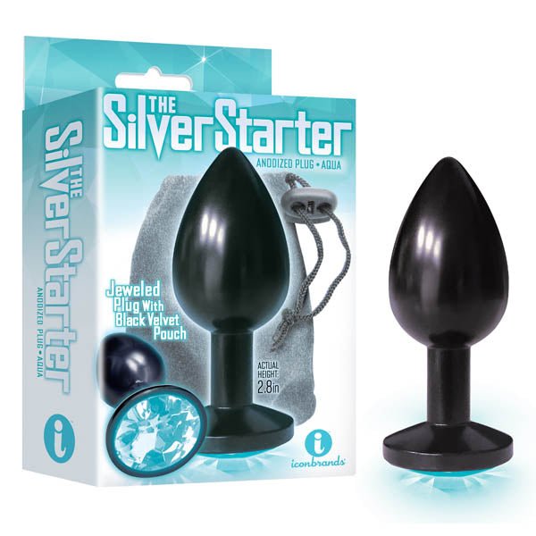 The Silver Starter - Anodised Black 7.1 cm (2.8'') Butt Plug with Aqua Round Jewel - Anal Toys