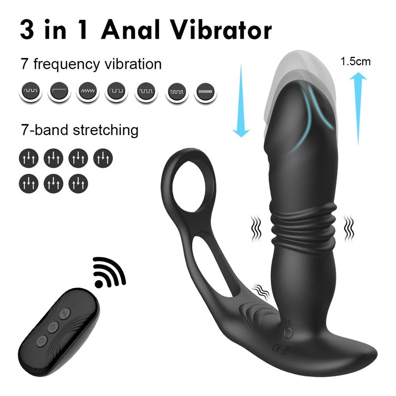 Thrusting Silicone Butt Plug with Cockring and Remote - Adult Toys