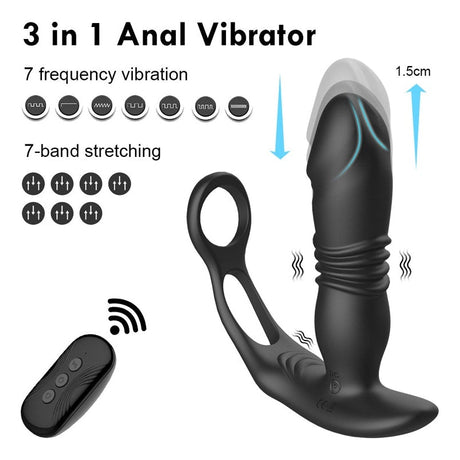 Thrusting Silicone Butt Plug with Cockring and Remote - Adult Toys