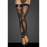 Tulle Stockings w Patterned Flock Embroidery & Power Wetlook Band - Lingerie