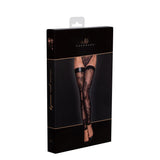 Tulle Stockings w Patterned Flock Embroidery & Power Wetlook Band - Lingerie