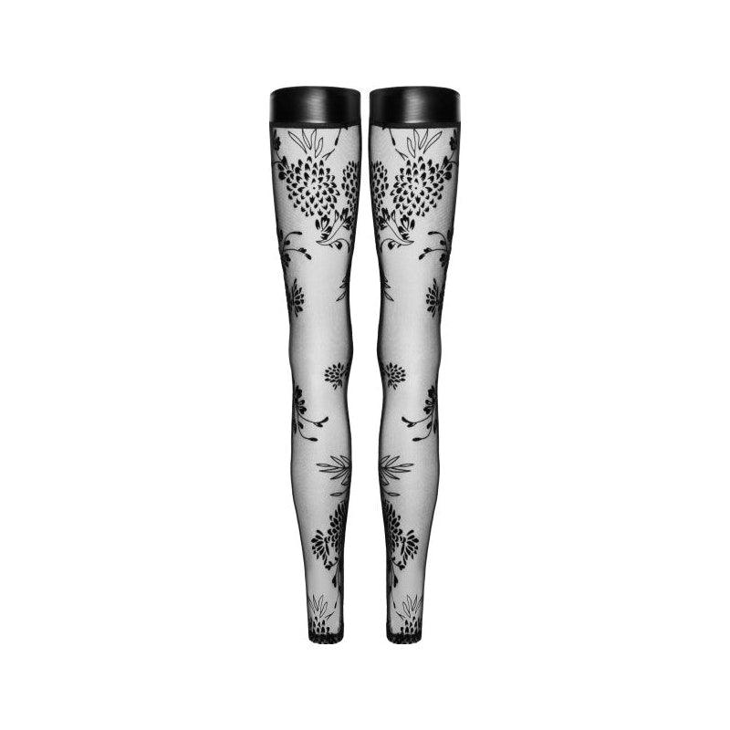 Tulle Stockings w Patterned Flock Embroidery & Power Wetlook Band - Lingerie