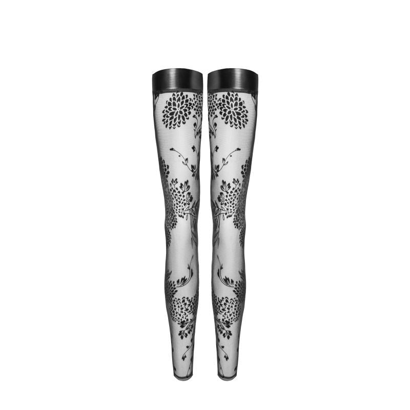 Tulle Stockings w Patterned Flock Embroidery & Power Wetlook Band - Lingerie