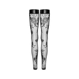 Tulle Stockings w Patterned Flock Embroidery & Power Wetlook Band - Lingerie