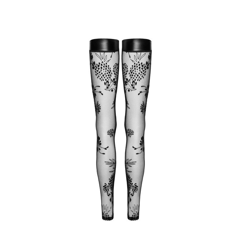 Tulle Stockings w Patterned Flock Embroidery & Power Wetlook Band - Lingerie