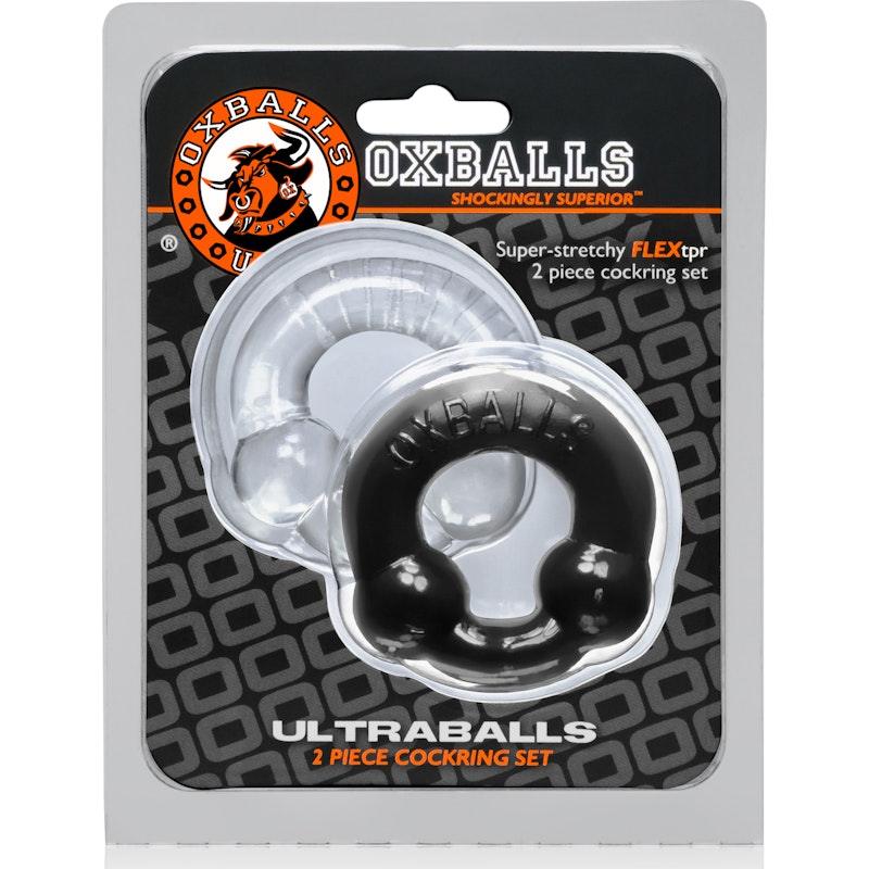 Ultraballs 2 Pk Cockring Black And Clear - Adult Toys
