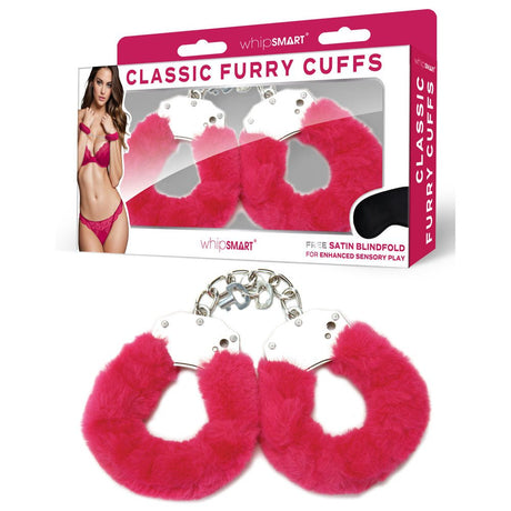 WhipSmart Classic Furry Cuffs - Hot Pink - Hot Pink Furry Restraints with Bonus Eye Mask - BONDAGE - TOYS