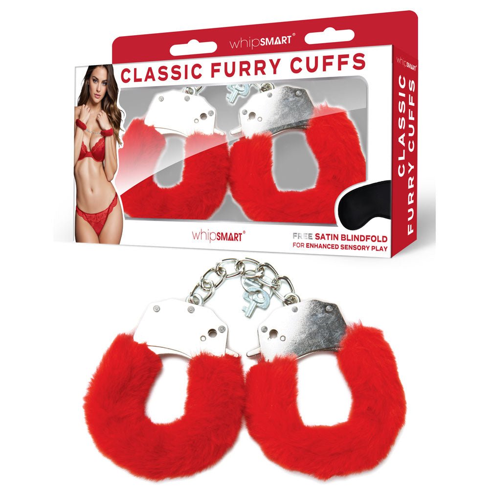 WhipSmart Classic Furry Cuffs - Red - Red Furry Restraints with Bonus Eye Mask - BONDAGE - TOYS