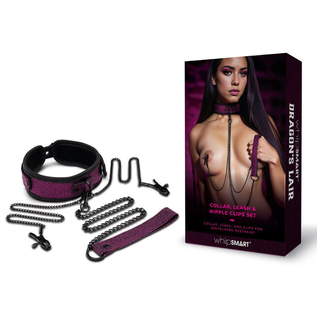 WhipSmart Dragons Lair Collar, Leash & Nipple Clips Set - Purple/Black Restraints - BONDAGE - TOYS