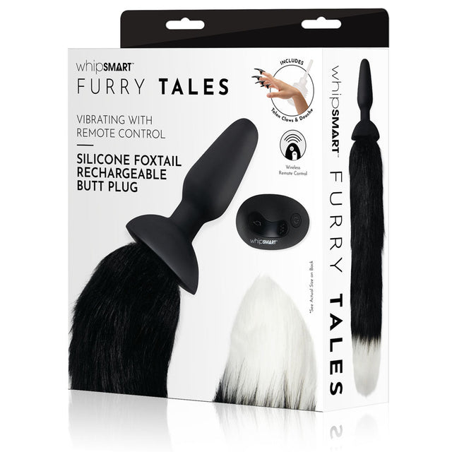 WhipSmart Furry Tales Silicone Foxtail Rechargeable Butt Plug - Black 9.5 cm Vibrating Butt Plug with Black Fox Tail & Remote Control - Anal Toys
