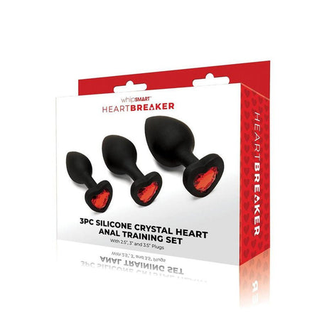 WhipSmart Heartbreaker 3PC Silicone Crystal Heart Anal Training Set - Black Butt Plugs with Heart Gem Bases - Set of 3 Sizes - ANAL TOYS