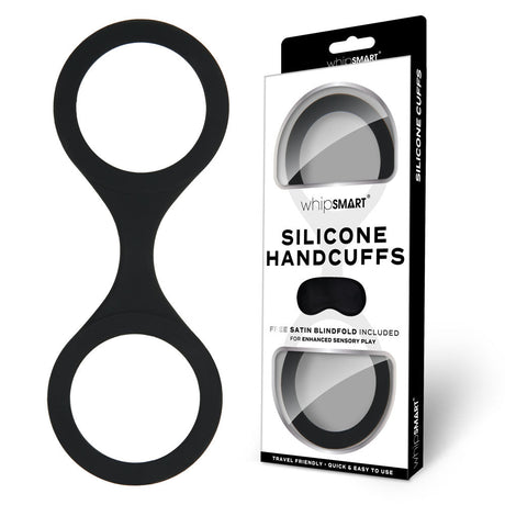 WhipSmart Silicone Handcuffs - Black - Black Restraint with Bonus Blindfold - BONDAGE - TOYS