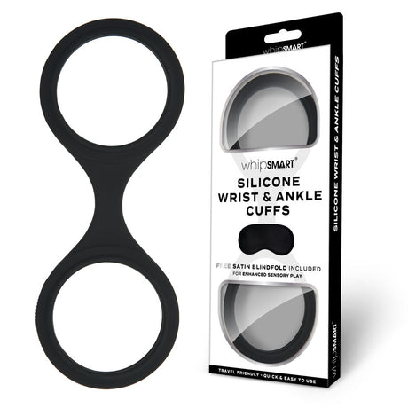 WhipSmart Silicone Wrist & Ankle Cuffs - Black - Black Restraints with Bonus Eye Mask - BONDAGE - TOYS