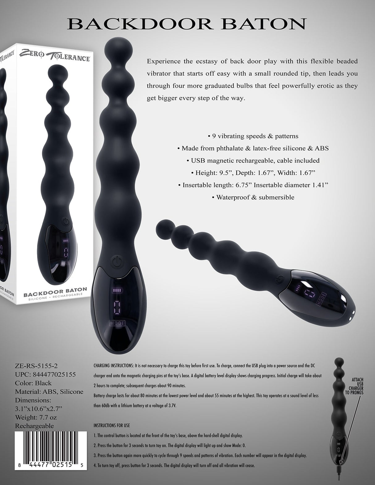 Zero Tolerance BACKDOOR BATON - Black 24 cm USB Rechargeable Vibrating Anal Beads - Anal Toys