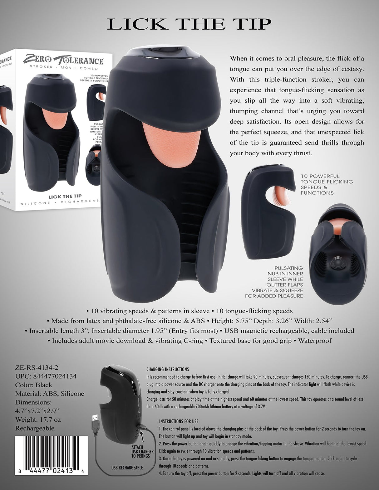 Zero Tolerance LICK THE TIP - Black USB Rechargeable Vibrating & Flicking Masturbator - MASTURBATORS