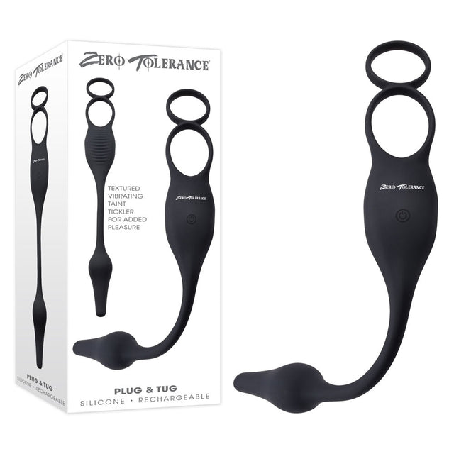 Zero Tolerance PLUG & TUG - Black USB Rechargeable Vibrating Cock Ring with Anal Plug - COCK RINGS