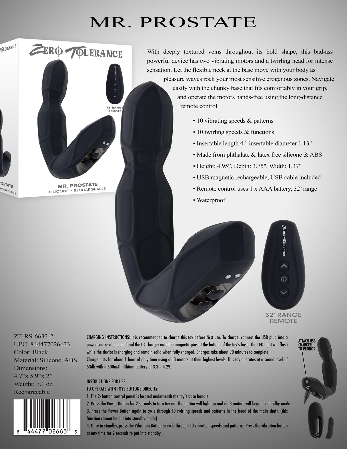 Zero Tolerance Prostate Massager Black 12.6 cm Wireless Remote - ANAL TOYS