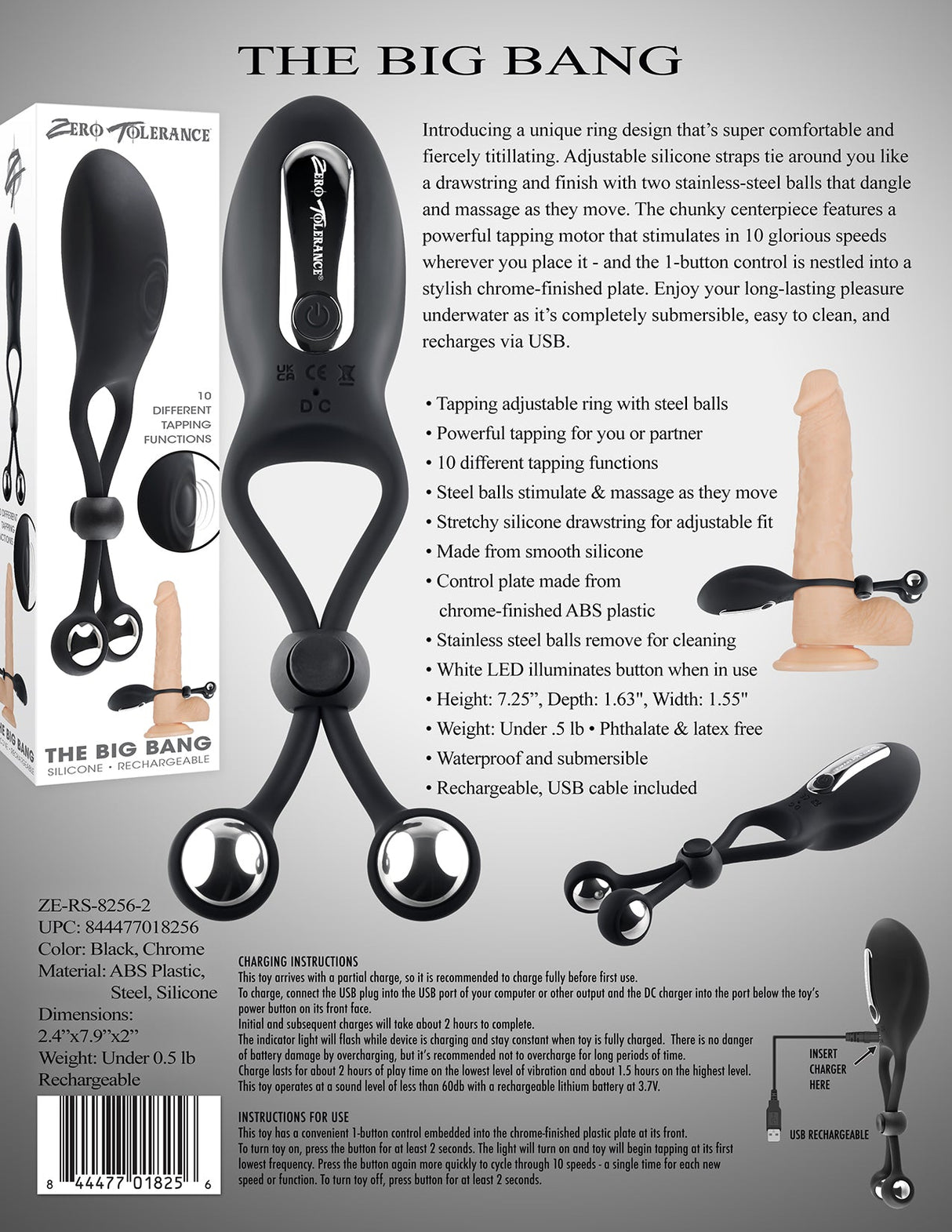 Zero Tolerance THE BIG BANG - Black USB Rechargeable Vibrating Lasso Cock Ring - COCK RINGS