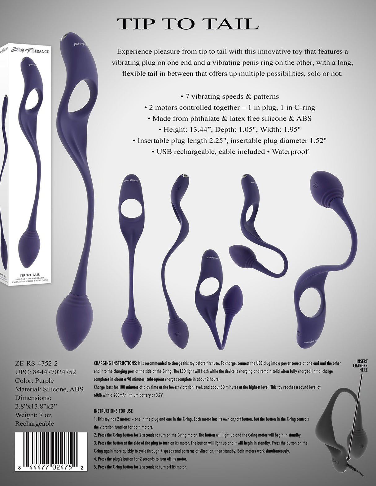 Zero Tolerance TIP TO TAIL - Blue USB Rechargeable Vibrating Butt Plug with Vibrating Cock Ring - Anal Toys