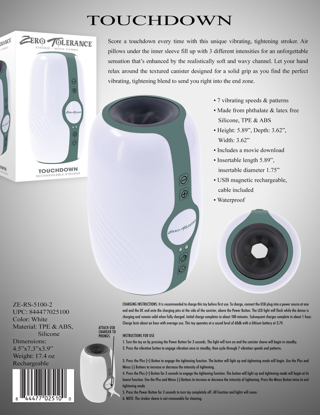 Zero Tolerance TOUCHDOWN - Rechargeable Vibrating & Tightening Stroker - Naughty by Nature Adult Store