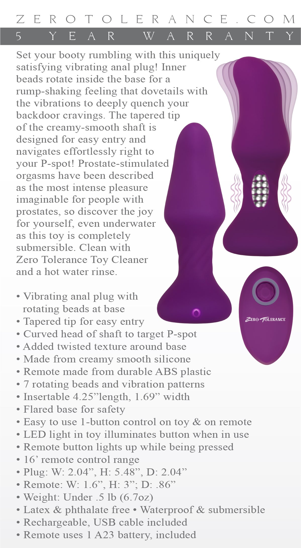 Zero Tolerance Tunnel Teaser - Purple 13.9 cm USB Rechargeable Butt Plug with Wireless Remote - Naughty by Nature Adult Store