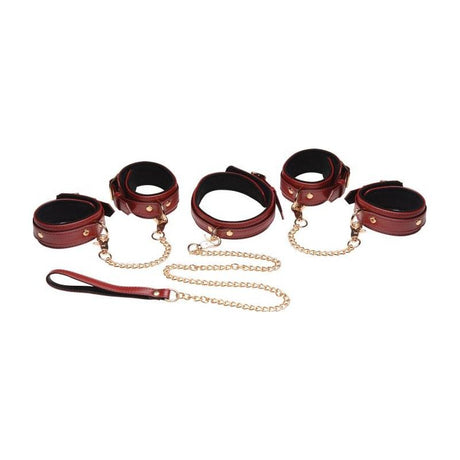 6 Pc PU Leather Bondage Set Burgundy - Adult Toys