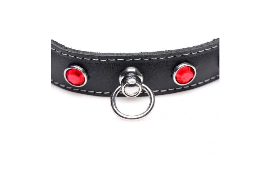 Bling Vixen Leather Choker w Red Rhinestones - Adult Toys
