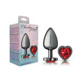 Cheeky Charms Gunmetal Butt Plug w Heart Red Jewel Large - Adult Toys