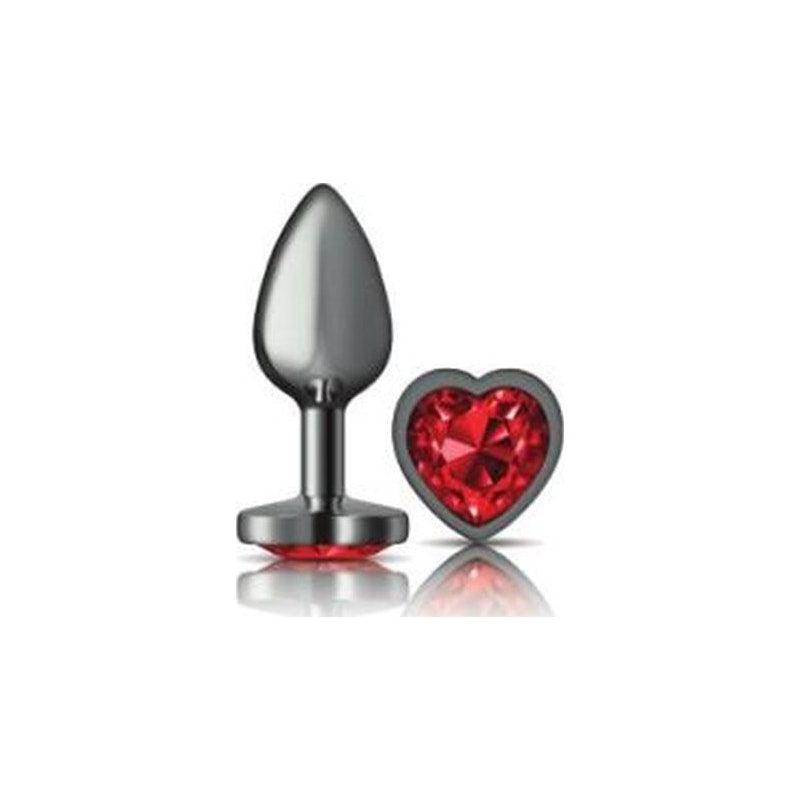 Cheeky Charms Gunmetal Butt Plug w Heart Red Jewel Small - Adult Toys