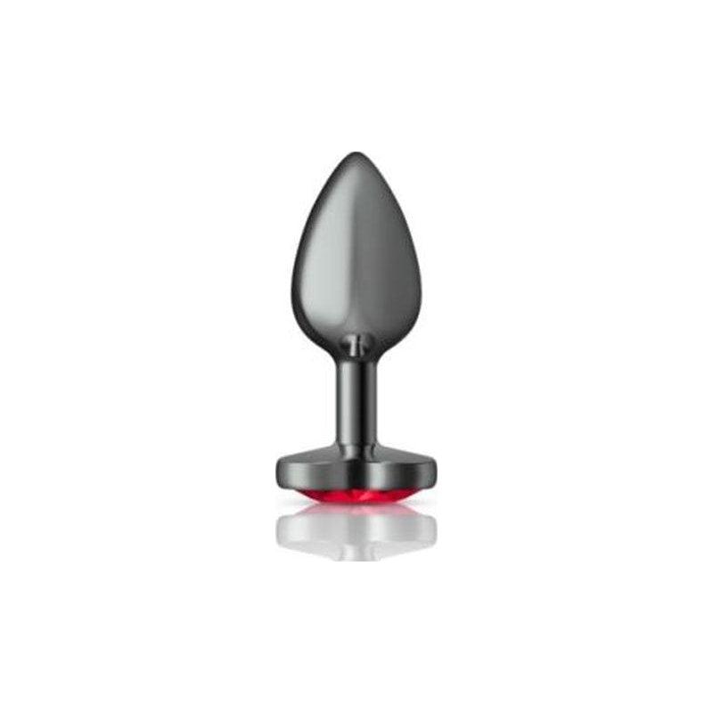 Cheeky Charms Gunmetal Butt Plug w Heart Red Jewel Small - Adult Toys