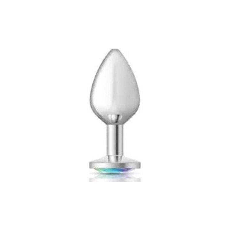 Cheeky Charms Silver Round Butt Plug w Clear Iridescent Jewel Large - Adult Toys