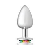 Cheeky Charms Silver Round Butt Plug w Rainbow Jewel Large - Adult Toys