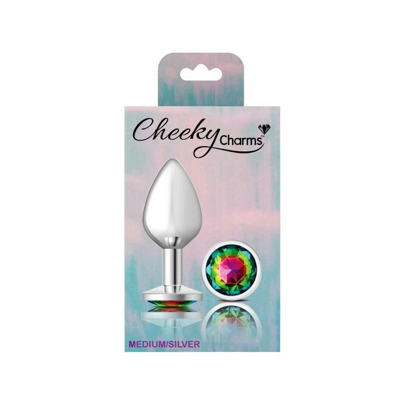 Cheeky Charms Silver Round Butt Plug w Rainbow Jewel Medium - Adult Toys