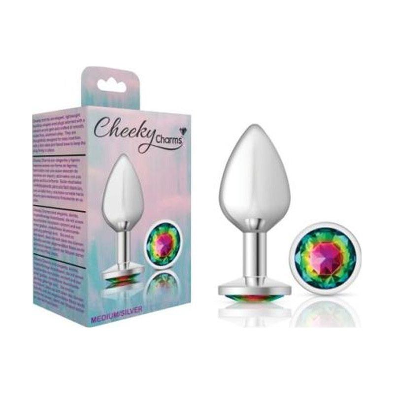 Cheeky Charms Silver Round Butt Plug w Rainbow Jewel Medium - Adult Toys