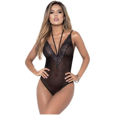 Deep V Mesh Teddy Black - Lingerie