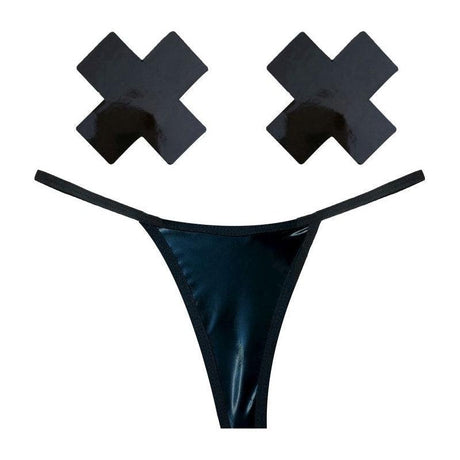 Dom Squad Black Wet Vinyl Pastie & G - String Set - Adult Toys