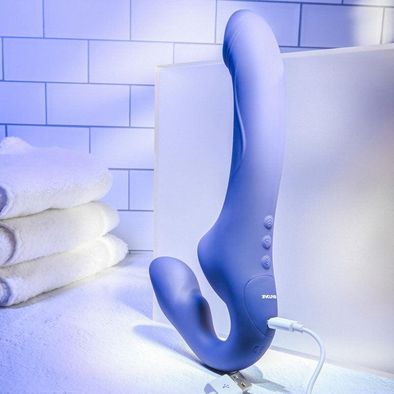Evolved 2 BECOME 1 - Purple 23.5 cm USB Rechargeable Strapless Strap - On with Remote - STRAP - ONS