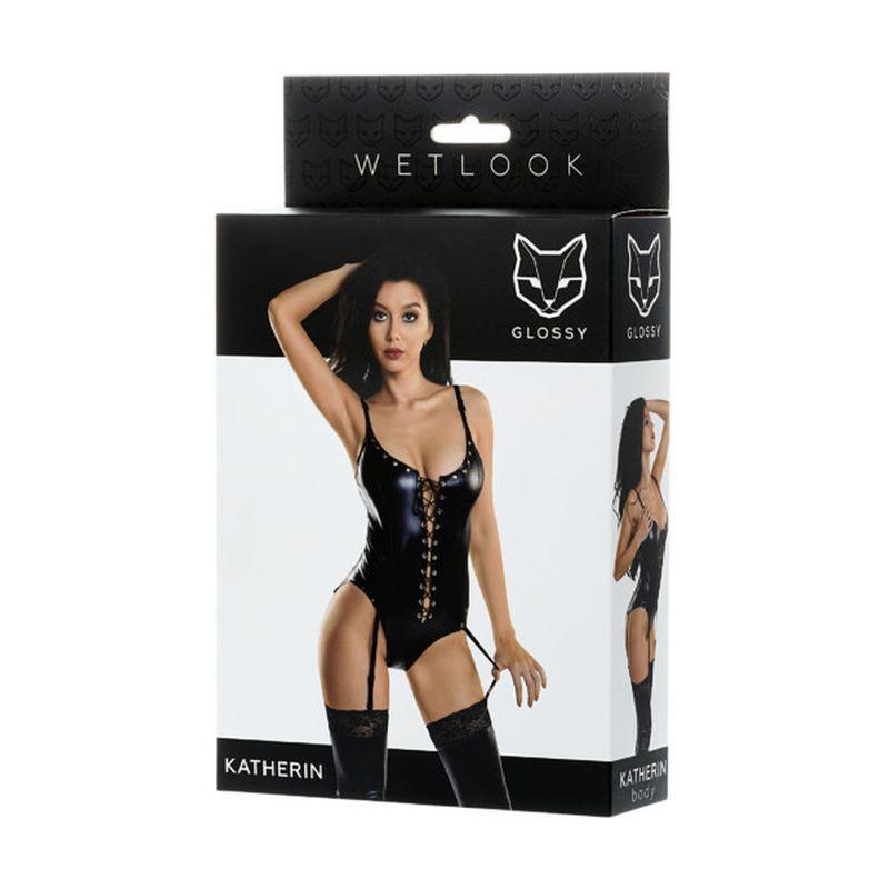Glossy Katherin Wetlook Lace Up Bodysuit – Black Glossy Lingerie - Lingerie