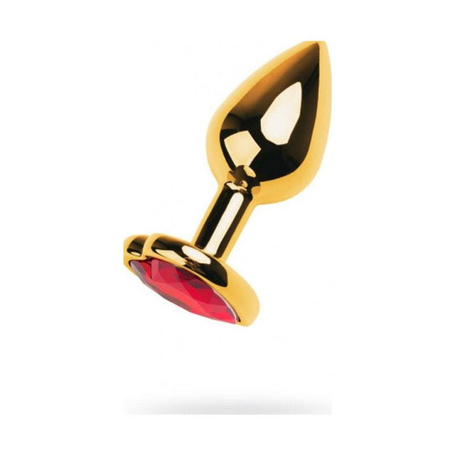 Gold Metal Anal Plug w Red Ruby Heart Crystal Small - Adult Toys
