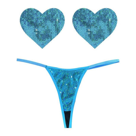 Mahi Mahi Blue Sequin G - String and Heart Pastie Set - Adult Toys