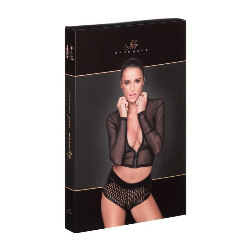 Noir Sheer Tulle Top – Soft Black Zipped Mesh Shirt with Collar - Lingerie