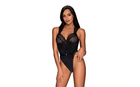 Obsessive Elisetta Teddy – Black Floral Lace Bodysuit with Glitter - Lingerie