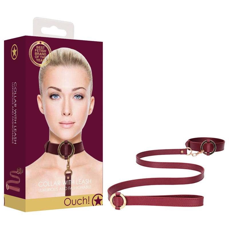 OUCH! Halo - Collar With Leash - Burgundy Restraint - BONDAGE - TOYS